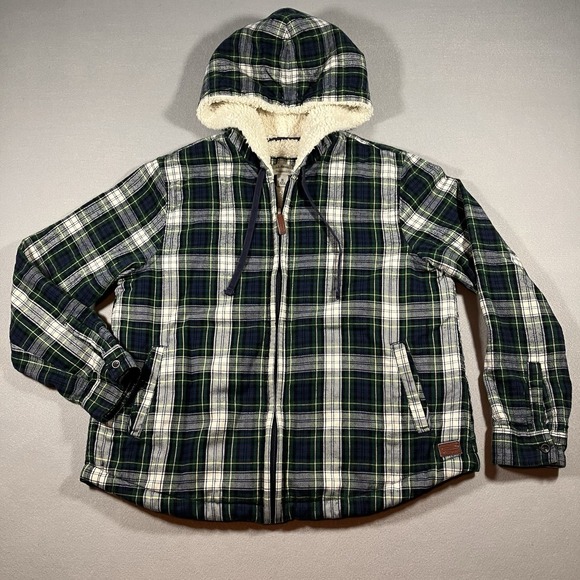 L.L. Bean Jackets & Blazers - LL Bean Relaxed Fit Sherpa Lined Plaid Flannel Hoodie Jacket Green Cream Women M